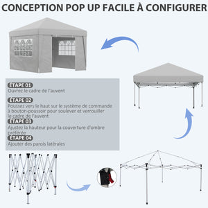 Tonnelle de jardin pop-up pliante tonnelle barnum tente de réception 3 x 3 m anti-UV 30 + avec fenêtres parois latérales sac de transport sacs de sable gris