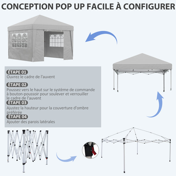 Tonnelle de jardin pop-up pliante tonnelle barnum tente de réception 3 x 3 m anti-UV 30 + avec fenêtres parois latérales sac de transport sacs de sable gris
