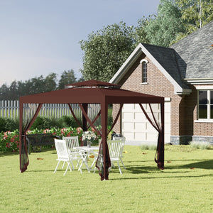 Tonnelle barnum de jardin 3L x 3l m avec 4 moustiquaires amovibles - double toit - marron