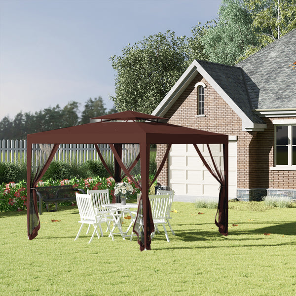 Tonnelle barnum de jardin 3L x 3l m avec 4 moustiquaires amovibles - double toit - marron