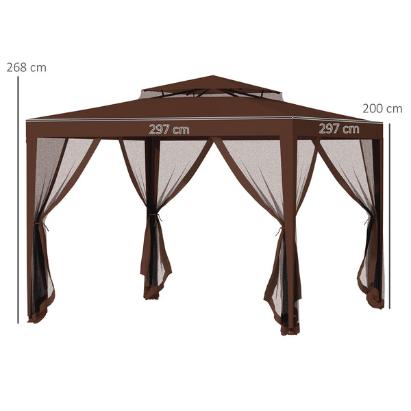 Tonnelle barnum de jardin 3L x 3l m avec 4 moustiquaires amovibles - double toit - marron