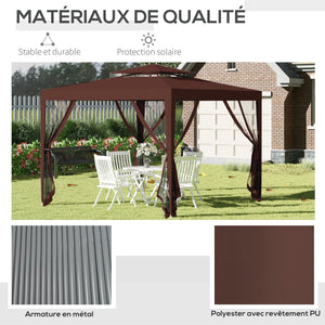 Tonnelle barnum de jardin 3L x 3l m avec 4 moustiquaires amovibles - double toit - marron