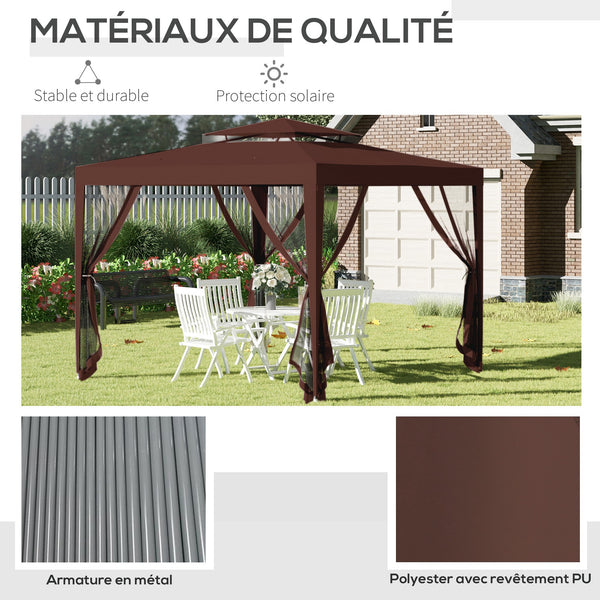 Tonnelle barnum de jardin 3L x 3l m avec 4 moustiquaires amovibles - double toit - marron
