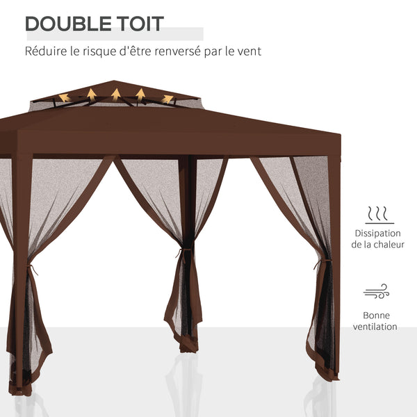 Tonnelle barnum de jardin 3L x 3l m avec 4 moustiquaires amovibles - double toit - marron