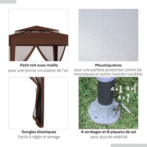Tonnelle barnum de jardin 3L x 3l m avec 4 moustiquaires amovibles - double toit - marron
