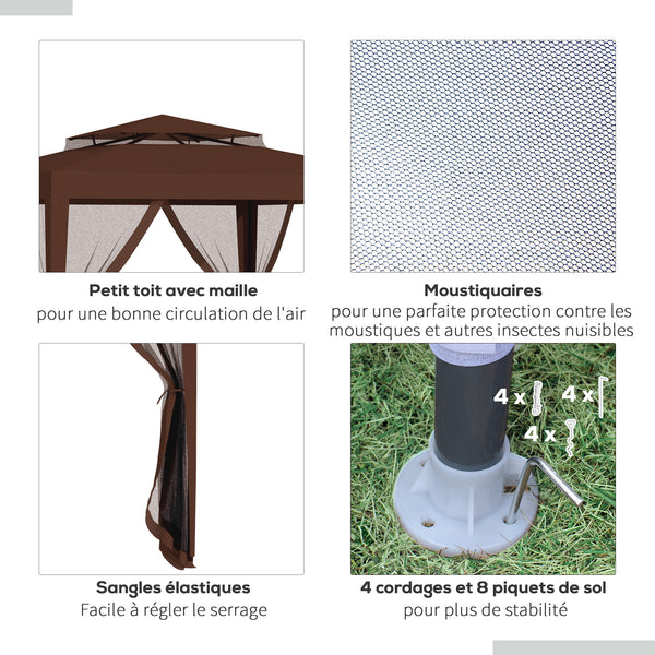 Tonnelle barnum de jardin 3L x 3l m avec 4 moustiquaires amovibles - double toit - marron