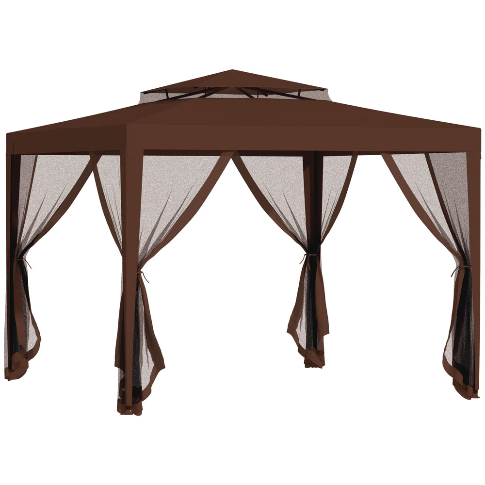Tonnelle barnum de jardin 3L x 3l m avec 4 moustiquaires amovibles - double toit - marron