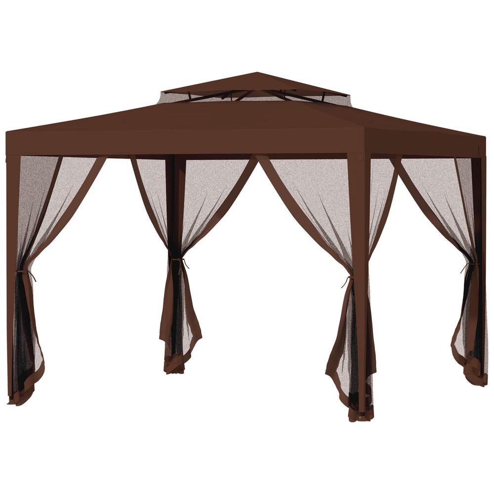 Tonnelle barnum de jardin 3L x 3l m avec 4 moustiquaires amovibles - double toit - marron