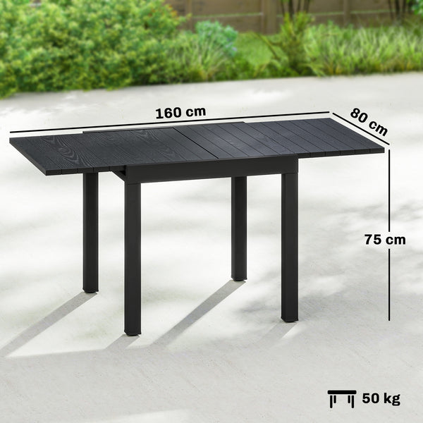 Table de jardin extensible en aluminium avec effet bois - table extérieur 4-6 personnes avec rallonge auto-stockée - mobilier de jardin design pour terrasse et balcon, 80-160 x 80 cm, noir