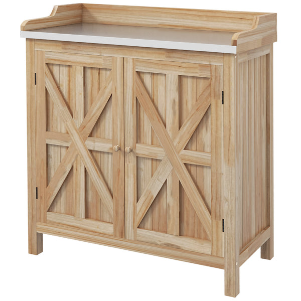 Table de rempotage armoire de rangement de jardin avec 2 étagères, plateau galvanisé patins antidérapants en bois sapin