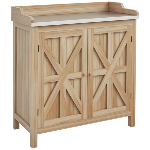 Table de rempotage armoire de rangement de jardin avec 2 étagères, plateau galvanisé patins antidérapants en bois sapin