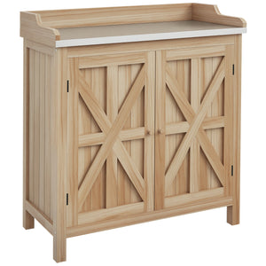 Table de rempotage armoire de rangement de jardin avec 2 étagères, plateau galvanisé patins antidérapants en bois sapin