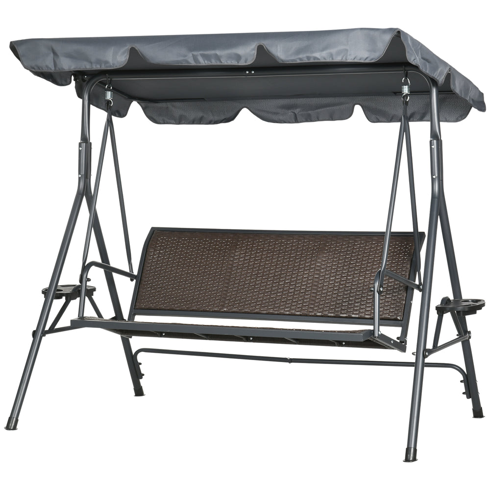 Balancelle de jardin 3 places toit inclinaison réglable avec porte-gobelets et plateaux assise dossier ergonomique en résine tressée PE cadre en acier et polyester gris foncé et marron