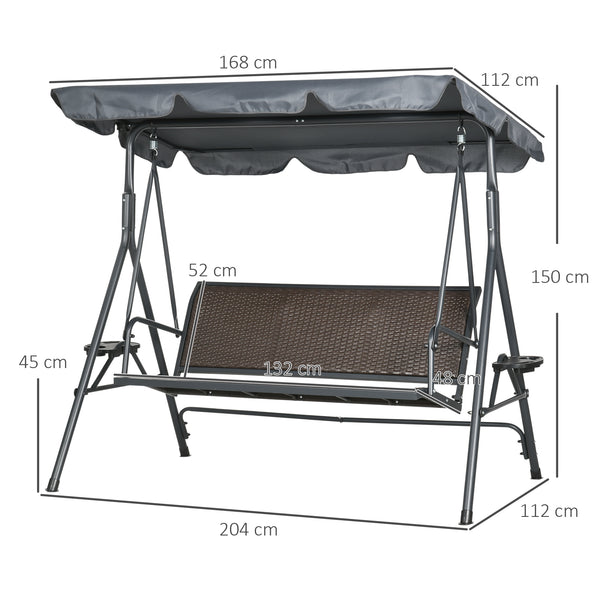Balancelle de jardin 3 places toit inclinaison réglable avec porte-gobelets et plateaux assise dossier ergonomique en résine tressée PE cadre en acier et polyester gris foncé et marron