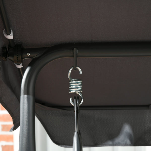Balancelle de jardin 3 places toit inclinaison réglable avec porte-gobelets et plateaux assise dossier ergonomique en résine tressée PE cadre en acier et polyester gris foncé et marron
