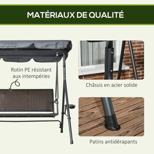 Balancelle de jardin 3 places toit inclinaison réglable avec porte-gobelets et plateaux assise dossier ergonomique en résine tressée PE cadre en acier et polyester gris foncé et marron