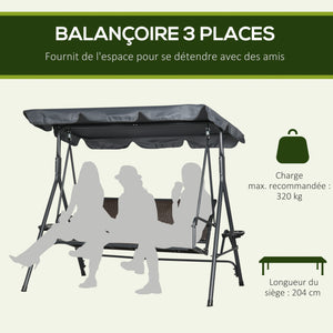 Balancelle de jardin 3 places toit inclinaison réglable avec porte-gobelets et plateaux assise dossier ergonomique en résine tressée PE cadre en acier et polyester gris foncé et marron