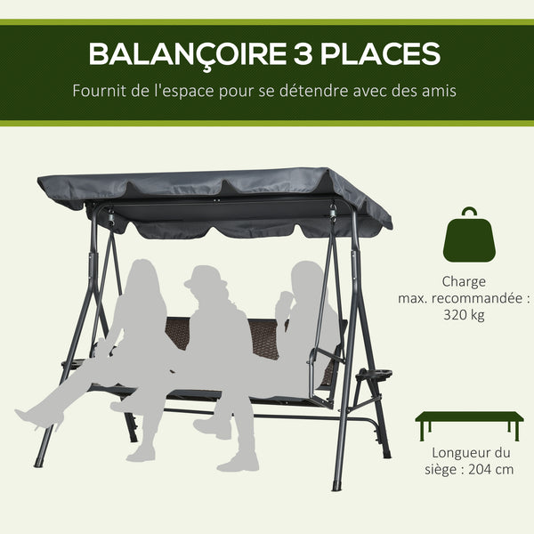 Balancelle de jardin 3 places toit inclinaison réglable avec porte-gobelets et plateaux assise dossier ergonomique en résine tressée PE cadre en acier et polyester gris foncé et marron