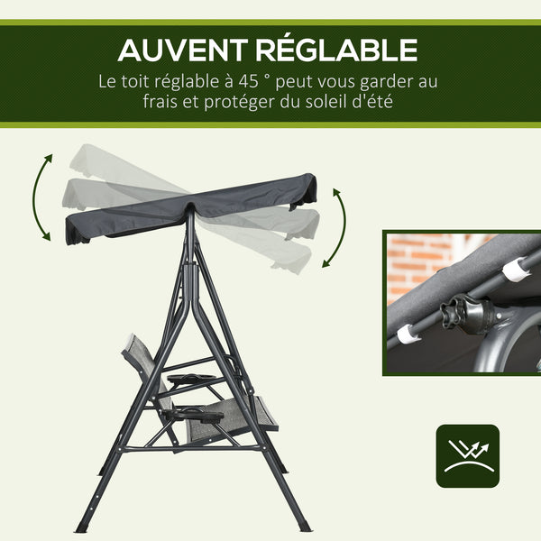 Balancelle de jardin 3 places toit inclinaison réglable avec porte-gobelets et plateaux assise dossier ergonomique en résine tressée PE cadre en acier et polyester gris foncé et marron