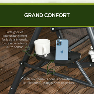 Balancelle de jardin 3 places toit inclinaison réglable avec porte-gobelets et plateaux assise dossier ergonomique en résine tressée PE cadre en acier et polyester gris foncé et marron