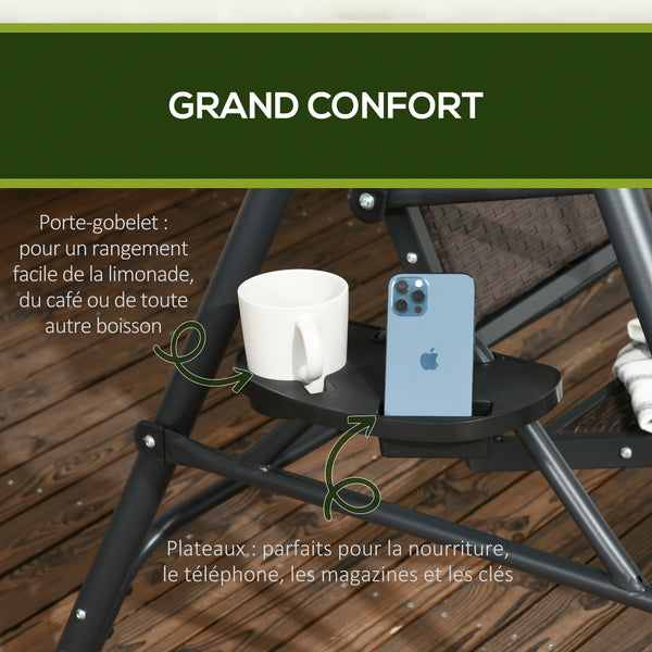 Balancelle de jardin 3 places toit inclinaison réglable avec porte-gobelets et plateaux assise dossier ergonomique en résine tressée PE cadre en acier et polyester gris foncé et marron