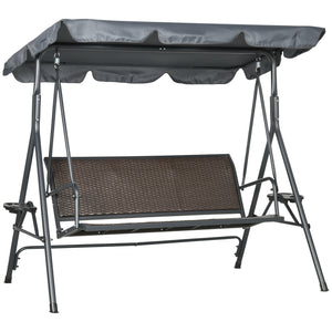 Balancelle de jardin 3 places toit inclinaison réglable avec porte-gobelets et plateaux assise dossier ergonomique en résine tressée PE cadre en acier et polyester gris foncé et marron
