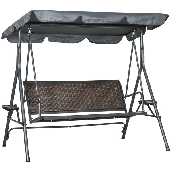 Balancelle de jardin 3 places toit inclinaison réglable avec porte-gobelets et plateaux assise dossier ergonomique en résine tressée PE cadre en acier et polyester gris foncé et marron