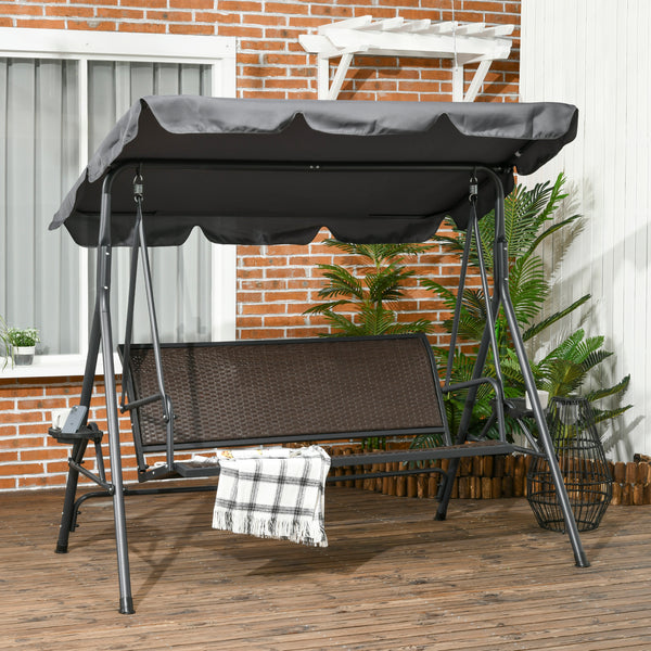 Balancelle de jardin 3 places toit inclinaison réglable avec porte-gobelets et plateaux assise dossier ergonomique en résine tressée PE cadre en acier et polyester gris foncé et marron