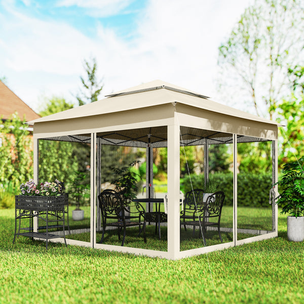 Tonnelle de jardin exterieur Pop-up barum Pliant, 3 x 3 m, Métal Polyester, imperméabilisé Anti UV, moustiquaires + Sac de Transport, crème