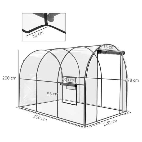 Serre de Jardin Tunnel Serre à tomates Surface Sol 6 m² 3L x 2l x 2H m châssis Tubulaire renforcé Porte zippée 2 fenêtres enroulables - transparent