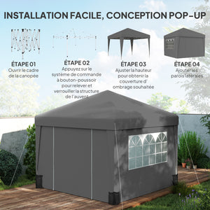 Tonnelle de jardin pop-up pliante tonnelle barnum tente de réception 3 x 3 m anti-UV 30 + avec fenêtres parois latérales sac de transport sacs de sable gris foncé