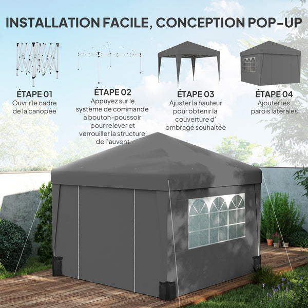 Tonnelle de jardin pop-up pliante tonnelle barnum tente de réception 3 x 3 m anti-UV 30 + avec fenêtres parois latérales sac de transport sacs de sable gris foncé