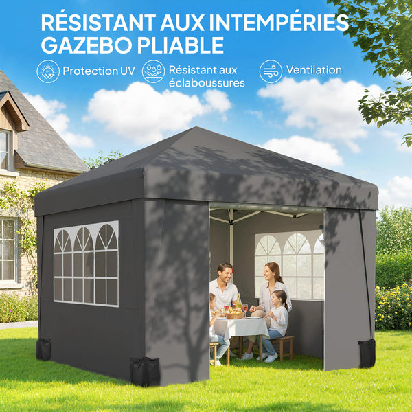 Tonnelle de jardin pop-up pliante tonnelle barnum tente de réception 3 x 3 m anti-UV 30 + avec fenêtres parois latérales sac de transport sacs de sable gris foncé
