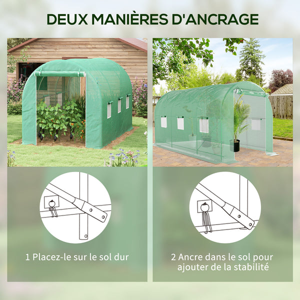 Serre de Jardin Tunnel serre à tomates Surface Sol 8 m² 4L x 2l x 2,05H m châssis Tubulaire renforcé Double Porte zippée 6 fenêtres enroulables vert