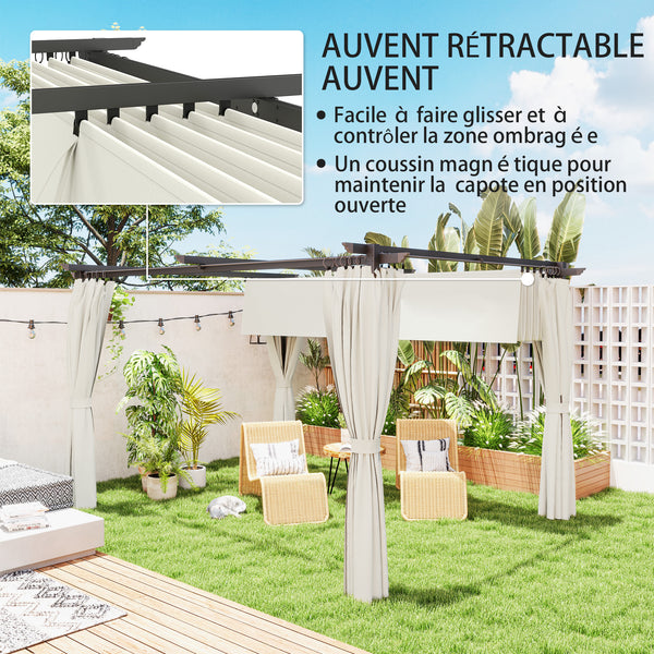 Pergola 3 x 3 m avec Auvent Rétractable et Rideaux, Tonnelle Extérieure UPF30+ pour Jardin, Patio, Terrasse, Crème