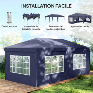 Tonnelle de jardin pliante 6 x 3 m tonnelle de jardin extérieure barnum pliant pop-up imperméabilisé 4 parois latérales amovibles 4 fenêtres + sac de transport bleu