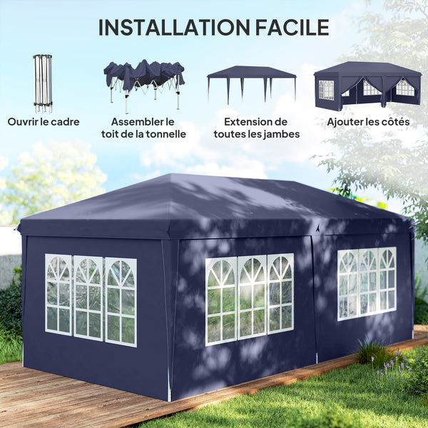 Tonnelle de jardin pliante 6 x 3 m tonnelle de jardin extérieure barnum pliant pop-up imperméabilisé 4 parois latérales amovibles 4 fenêtres + sac de transport bleu