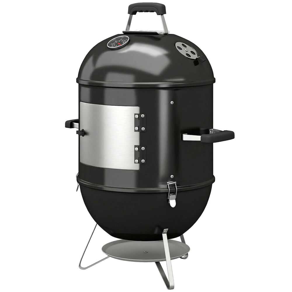 Fumoir 3 en 1, avec 3 Grilles de Cuisson Ø44 cm, Thermomètre Intégré, Ventilation Réglable, Couvercle Amovible, Poignée Isolée, Barbecue Charbon de Bois pour Camping Fêtes Pique-niques, Noir