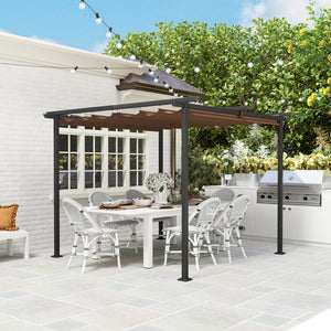 Pergola jardin exterieur 3 x 3 m pergola coulissante rétractable, tonnelle de jardin en toile polyester haute densité 180g/m², abri soleil UPF30+, pour terrasse, patio, arrière-cours, marron