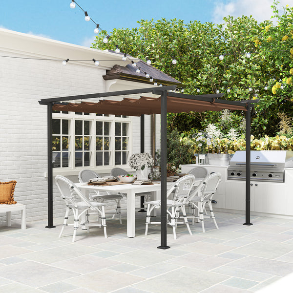 Pergola jardin exterieur 3 x 3 m pergola coulissante rétractable, tonnelle de jardin en toile polyester haute densité 180g/m², abri soleil UPF30+, pour terrasse, patio, arrière-cours, marron