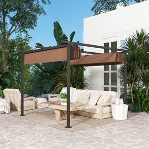 Pergola jardin exterieur 3 x 3 m pergola coulissante rétractable, tonnelle de jardin en toile polyester haute densité 180g/m², abri soleil UPF30+, pour terrasse, patio, arrière-cours, marron