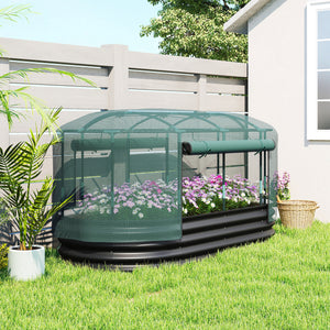 Carré potager de jardin avec cage de protection, jardinière surélevée en acier galvanisé avec système d'auto-arrosage, lit de jardin pour herbes aromatiques, légumes et fleurs, gris et vert