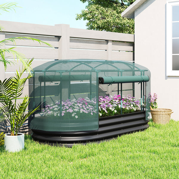 Carré potager de jardin avec cage de protection, jardinière surélevée en acier galvanisé avec système d'auto-arrosage, lit de jardin pour herbes aromatiques, légumes et fleurs, gris et vert