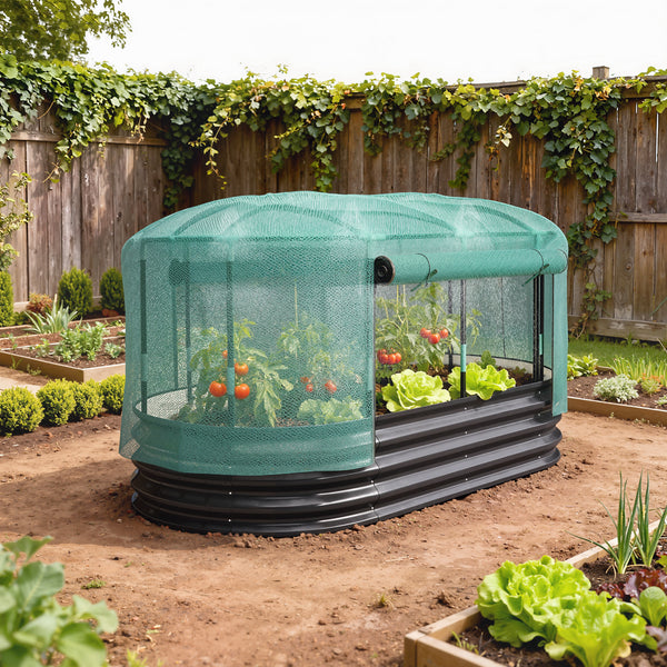 Carré potager de jardin avec cage de protection, jardinière surélevée en acier galvanisé avec système d'auto-arrosage, lit de jardin pour herbes aromatiques, légumes et fleurs, gris et vert