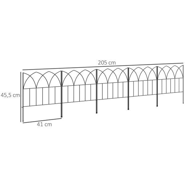 Lot de 5 panneaux de clôture de jardin décoratives en métal, bordure de jardin, pour parterre de fleurs - dim. 205 x 45,5 cm, noir