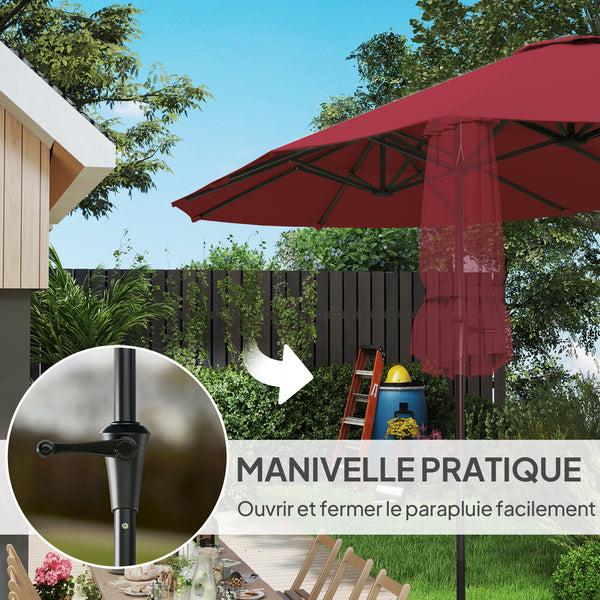 Parasol de jardin extérieur, parasol double rectangulaire 4 x 2,2 x 2,3 m avec ouverture fermeture manivelle, toile 180 g/m² pour balcon, piscine, terrasse, rouge vineux