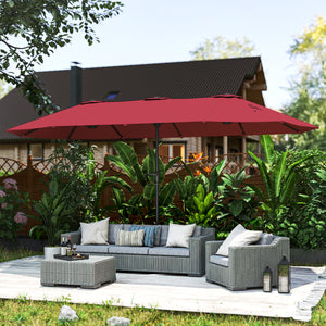 Parasol de jardin extérieur, parasol double rectangulaire 4 x 2,2 x 2,3 m avec ouverture fermeture manivelle, toile 180 g/m² pour balcon, piscine, terrasse, rouge vineux