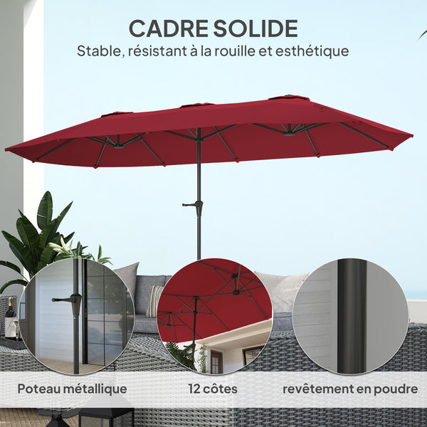 Parasol de jardin extérieur, parasol double rectangulaire 4 x 2,2 x 2,3 m avec ouverture fermeture manivelle, toile 180 g/m² pour balcon, piscine, terrasse, rouge vineux