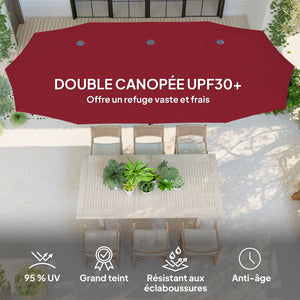 Parasol de jardin extérieur, parasol double rectangulaire 4 x 2,2 x 2,3 m avec ouverture fermeture manivelle, toile 180 g/m² pour balcon, piscine, terrasse, rouge vineux