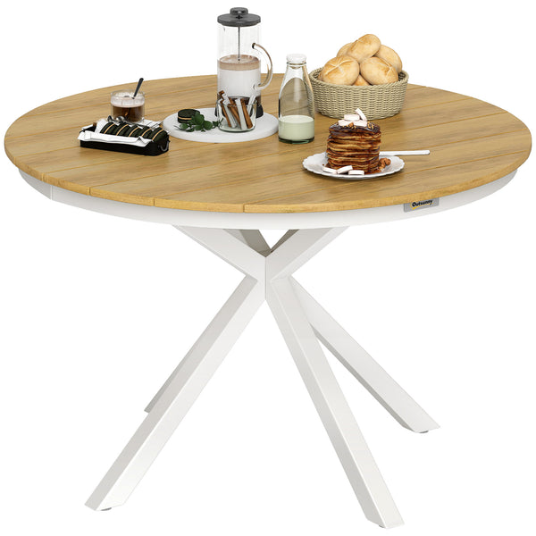 Table à manger de jardin, table de jardin ronde Ø 118 cm avec cadre en aluminium, plateau aspect effet bois et patins de pieds réglables, pour balcon, porche, terrasse, teck